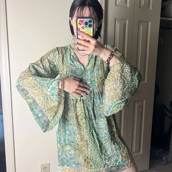 Anthropologie Floreat Amelia Green Paisley Bell Long Sleeve Mini Dress Size 0 - Picture 2 of 9